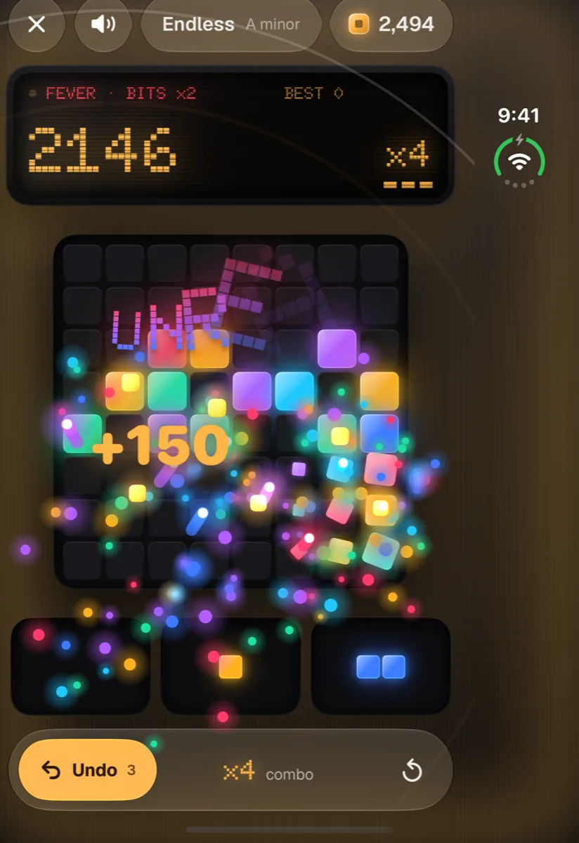 Block Beat on iPhone Duo closed outer display showing a Fever run with the score screen above the board and the pieces and Undo key below it