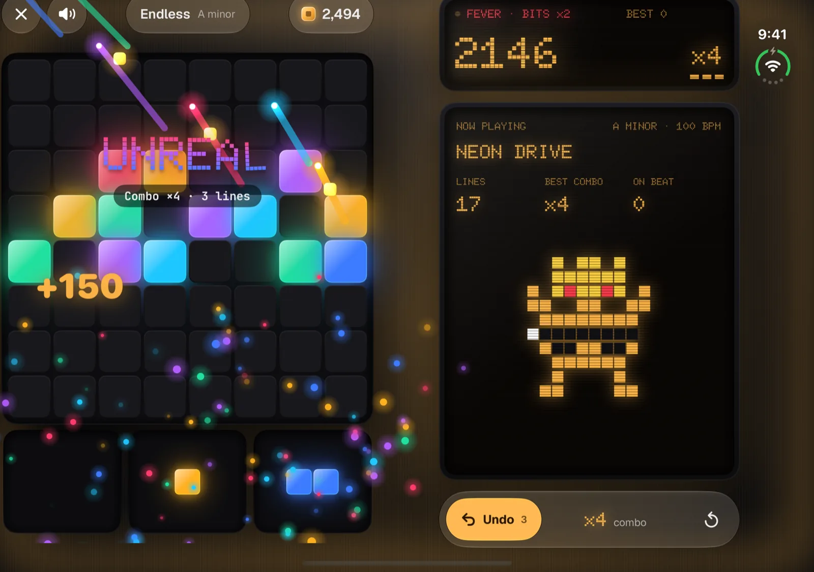 Block Beat on iPhone Duo open display showing a Fever run: the board and pieces on the left of the fold, the score screen, now playing panel and Undo on the right