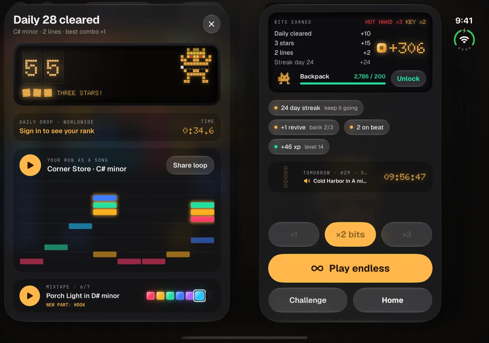 Block Beat on iPhone Duo open display showing daily results: the run's score, rank and its song drawn as a large piano roll on the left, Bits earned, tomorrow's teaser and the Play endless key on the right